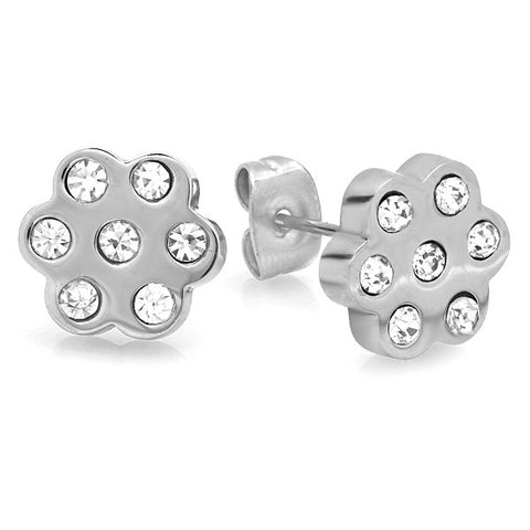 Ladies Stainless Steel Flower Earrings With CZ Stones