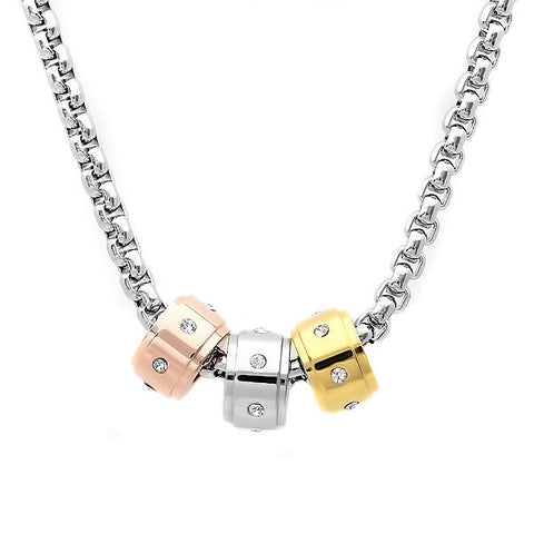 Ladies Stainless Steel Necklace with Tricolor and CZ Charms