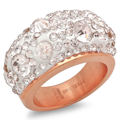 Ladies 18kt Rose Gold Plated Stainless Steel Ring with Simulated Diamonds