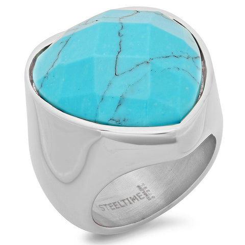 Ladies Stainless Steel Heart Shaped Ring with Genuine Turquoise