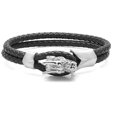 Men's Braided Leather Bracelet with Stainless Steel Dragon Head Design