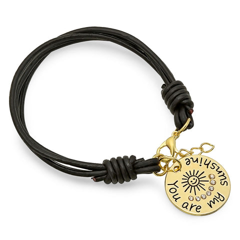 Ladies Leather Bracelet with 18kt Gold Plated Alloy Sun Design and Simulated Diamonds Charm