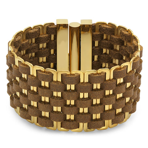 18kt Gold Plated Stainless Steel & Genuine Leather Bracelet in Brown