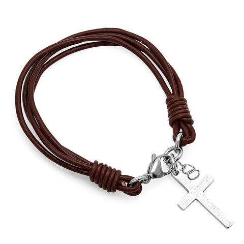 Ladies Burgundy Leather Bracelet with Cross Accent
