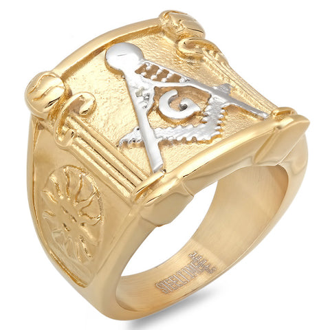 Men's 18 KT Gold Plated Masonic Ring with Stainless Steel Symbol