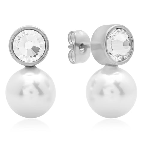 Stainless Steel Stud Earrings With Simulated Pearl And SW Stones