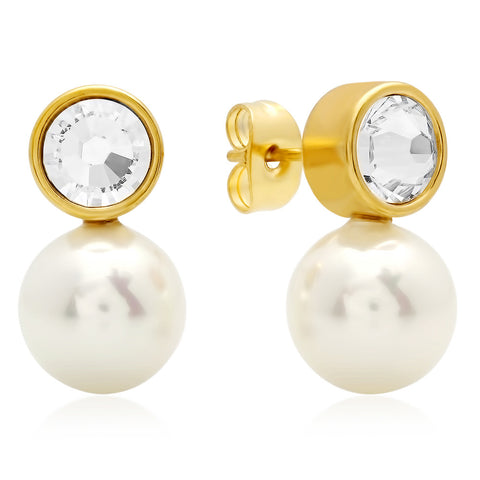 18kt Gold Plated Stainless Steel Stud Earrings with Simulated Pearl and SW Stones