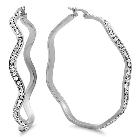 Ladies Stainless Steel Hoop Earrings With Simulated Diamonds 55MM