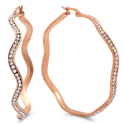 Ladies 18 Kt Rose Gold Plated Wavy Hoop Earrings With Simulated Diamonds