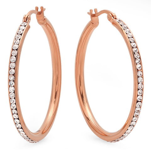 Ladies 18 Kt Rose Gold Plated Hoop Earrings with Simulated Diamonds 40mm