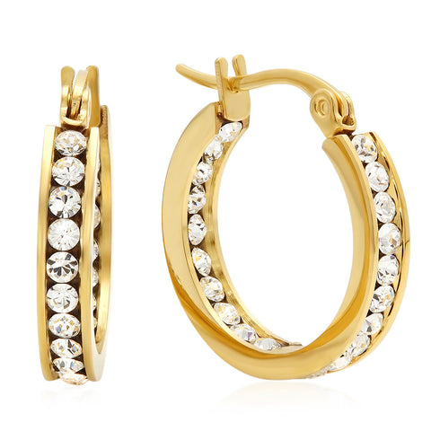 18kt Gold Plated Stainless Steel Hoop Earrings Layered With SW Stones