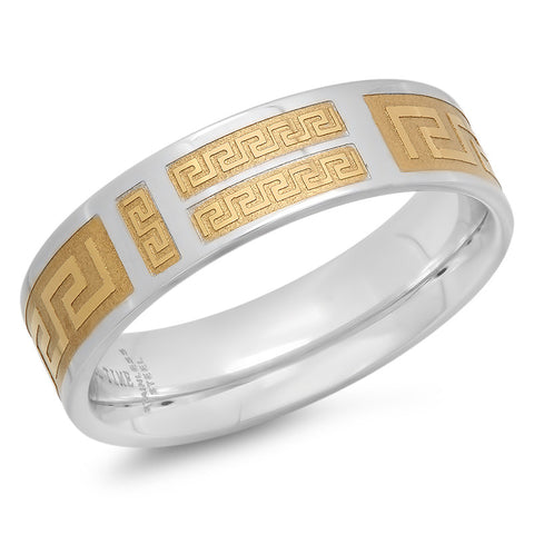 Stainless Steel Ring with Gold Greek Design