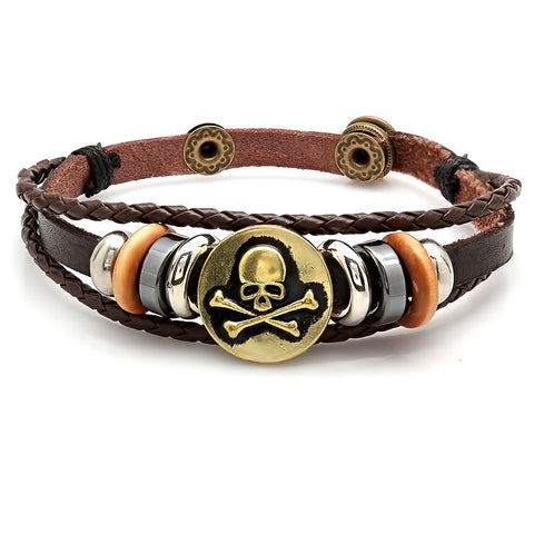 Men's Simulated Leather and Alloy Bracelet with Skull Accent