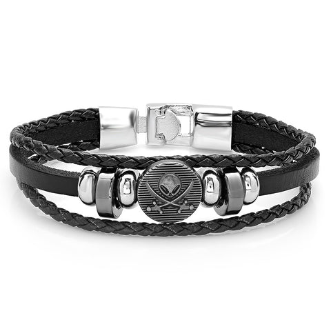 Men's Simulated Leather Bracelet with Alloy Skull Accents
