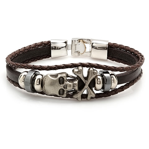 Men's Brown Simulated Leather Bracelet With Alloy Skull Accents