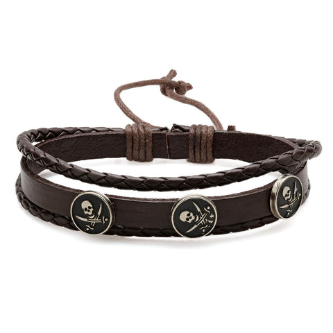 Men's Genuine Leather Bracelet in Brown with Alloy Base Skull Accent