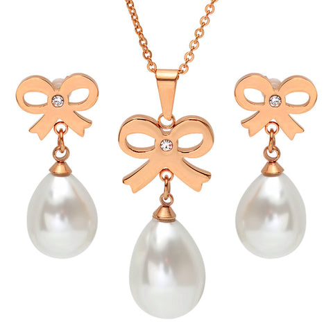 18 KT Rose Gold Plated Earring/Pendant with Bows and Pearl Drops