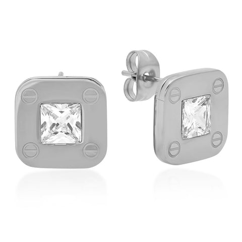 Stainless Steel Stud Earrings With Screws and CZ Stones Accent