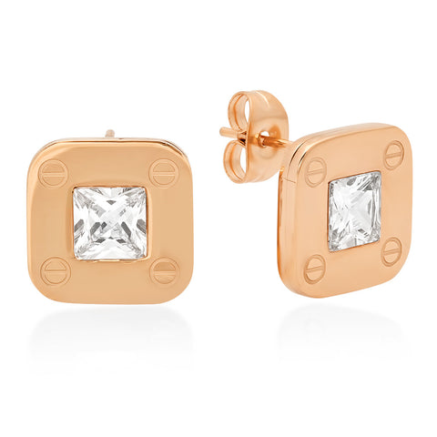 18kt Rose Gold Plated Stainless Steel Stud Earrings with Screws and CZ Stones Accent