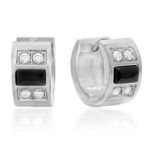 Stainless Steel Huggie Earrings with Simulated Diamonds and Black IP