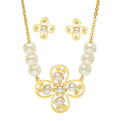 18kt Gold Plated Stainless Steel Earring/Necklace Set with Simulated Pearls and CZ Stones