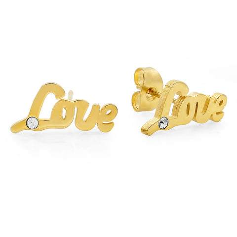 18kt Gold Plated Stainless Steel Stud Earrings with "Love" and SW Stones Design