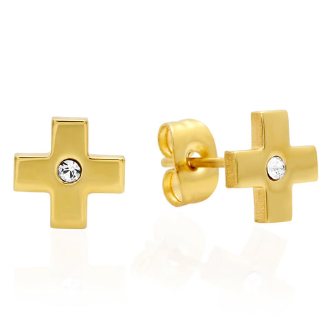 18kt Gold Plated Stainless Steel Cross Design Stud Earring with SW Stones